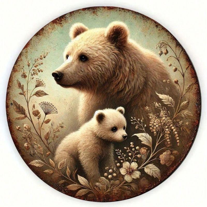Metal Poster Wall Art, Bear Family Vintage Round 8x8, Gift for Mom Dad