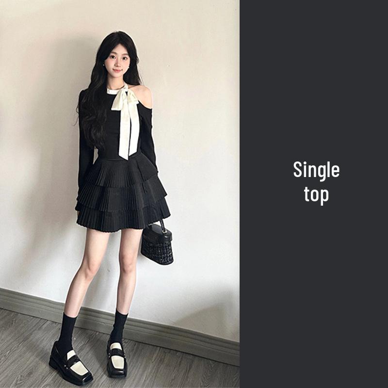 

Autumn French Style Bow Knit Top & Midi Skirt Women s Set