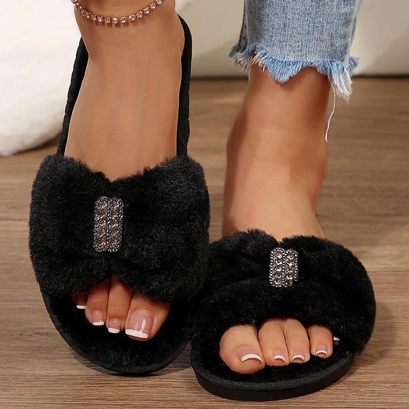 Fashion Winter Indoor Light Cotton Slippers Women Faux Fur Warm Plush Slides for Woman Elegant Crystal Detor Flurry Slippers Female