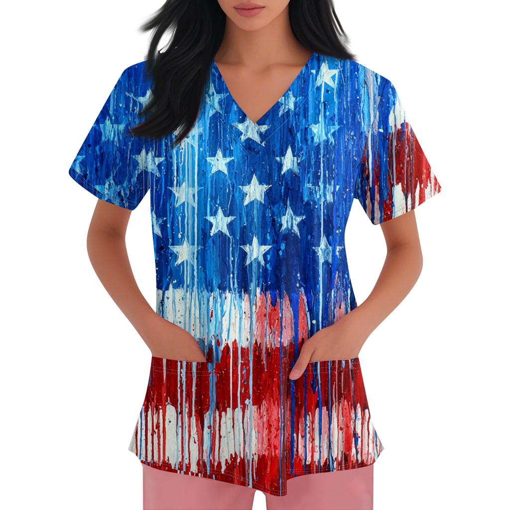 Modisches Damen-Arbeits-Top mit V-Ausschnitt, kurzen Ärmeln, Taschen und Unabhängigkeitstag-Print, Uniform