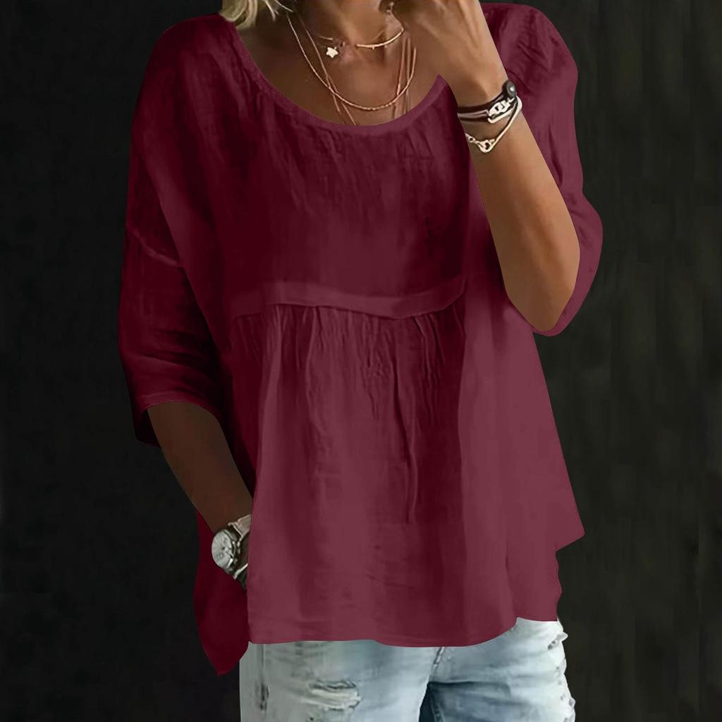 Womens Fashionable Solid Color Round Neck Three-quarter Sleeve Loose Round Neck Top