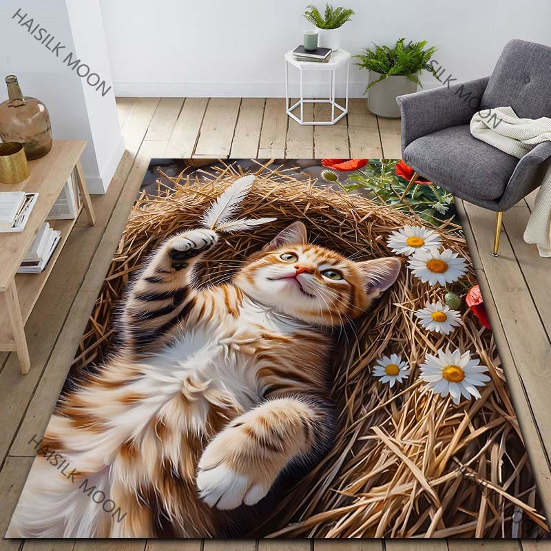 Süße Orange Katze am Nachmittag Bedruckter Teppich Wohnzimmer Schlafzimmer Sofa Teppich Dekor Rutschfeste Fußmatte Geschenke für Familie Freunde