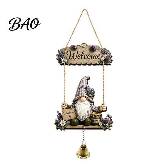 Outdoor Courtyard Decoration Wooden Gnome Door Hanger with Bell, Country Garden Welcome Sign Front Porch Hanging Swing Wall Plaque, Farmhouse Ornament