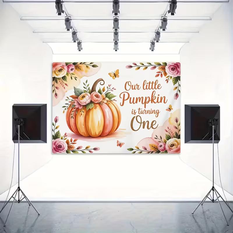 2D Floral & Butterfly Pumpkin Backdrop for Autumn Baby Shower and 1st Birthday Decor