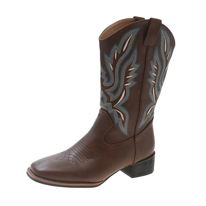 Autumn and winter thick heel versatile western cowboy boots embroidered sleeve knight boots retro medium tube square boots