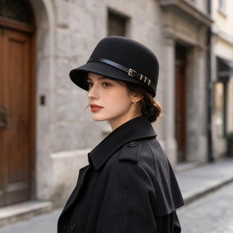 1Pcs Autumn Winter Belt Buckle Equestrian Hat Women'S British Retro Black Knight Show Face Small  Cap