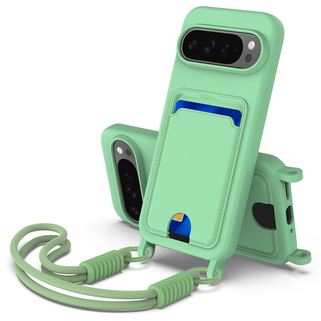 For Google Pixel 10 Pro XL Liquid Silicone Case Phone Back Cover with Card Holder and Short Strap