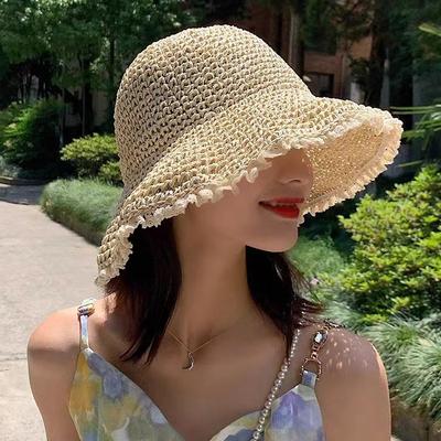 Women's Summer Sun Hat Crochet Straw Hat Outdoor Travel Vacation Beach Hiking Cycling Sun Protection Bucket Hat