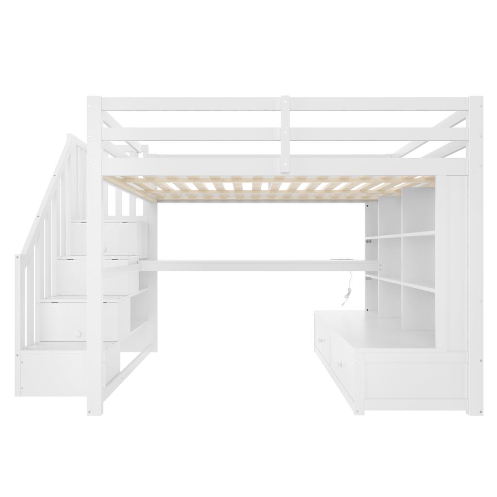 Letto a soppalco 140x200 con Scrivania e Mensole, Due Cassetti Integrati, Scala con Scomparti, Bianco