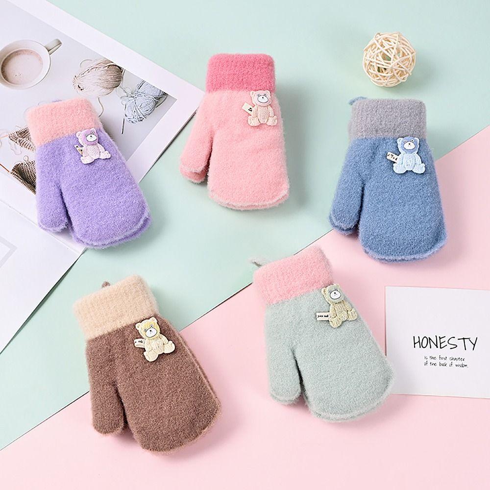 Cute Bear Kids Winter Gloves Knitted Wool Glove Bracers Hand Warmer For Children Toddler Kids