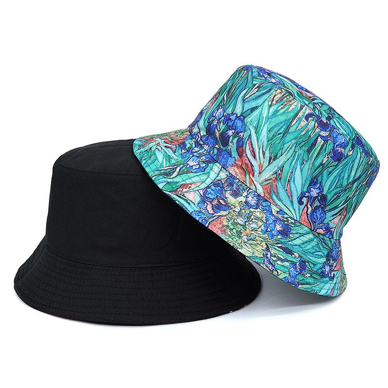 Bucket Hat Women Men Couple Flower Painting Fisherman Cap Sunshade Double  Sided Retro Sun Hat Hip Hop New