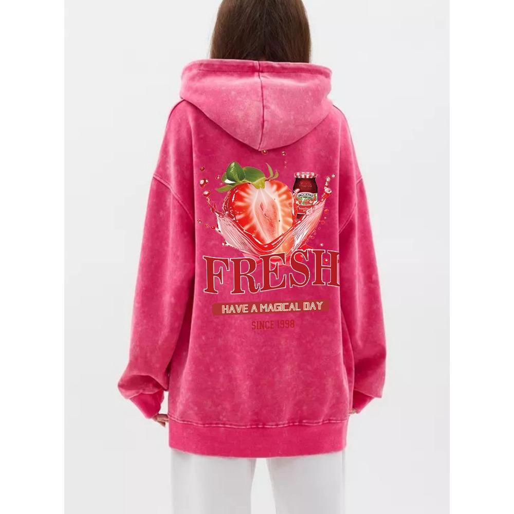 Fashion Womans Washed Hoodie Fresh Strawberriy Printed Streetwears Warm Cotton Oversize Pullovers Couple Clothes