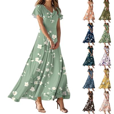 Damen Sommermode Blumendruck Freizeitkleider V-Ausschnitt Kurzarmkleider