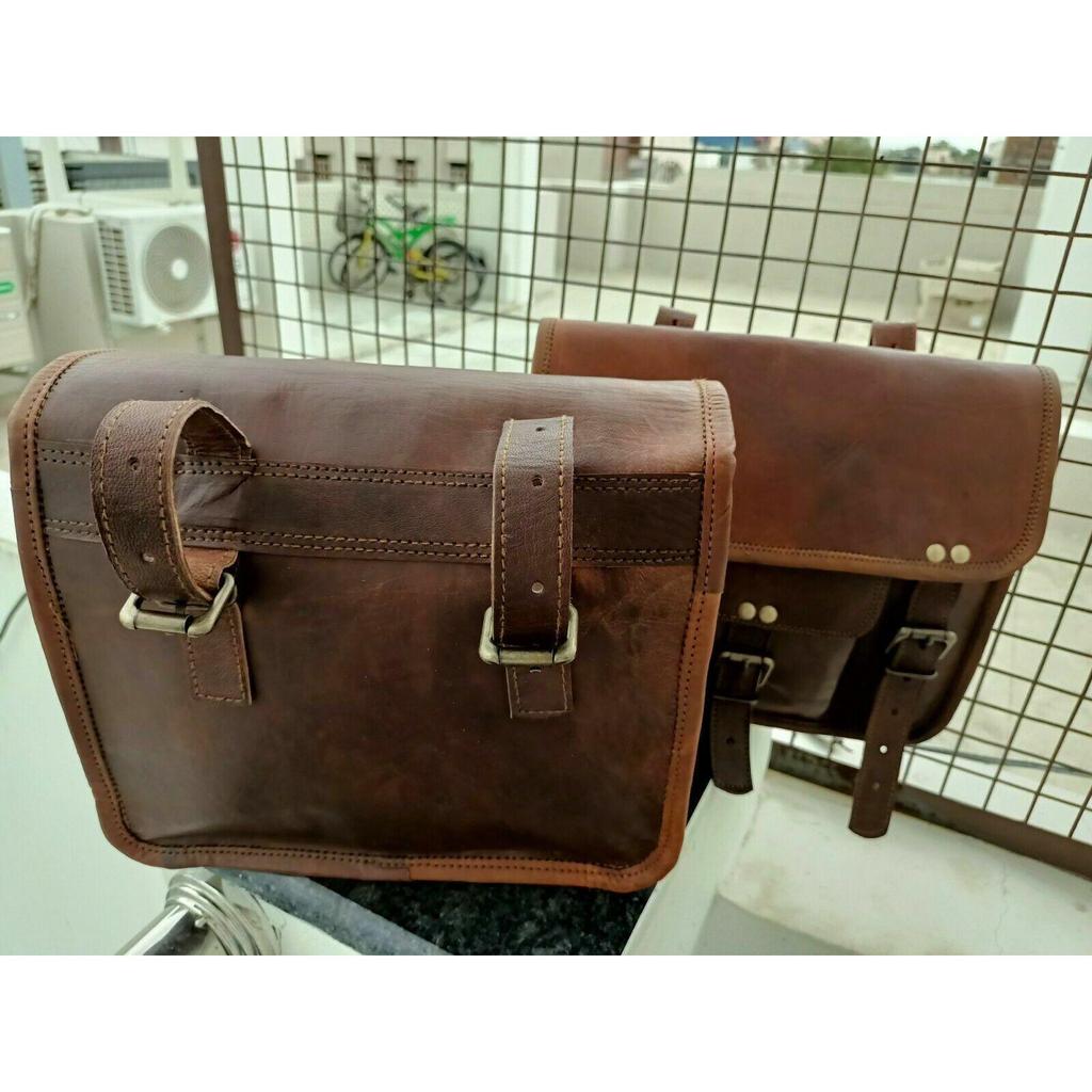 Echtes Vintage Ziegenleder COMBO Motorrad 3 Satteltaschen Packtaschen Vordergabel