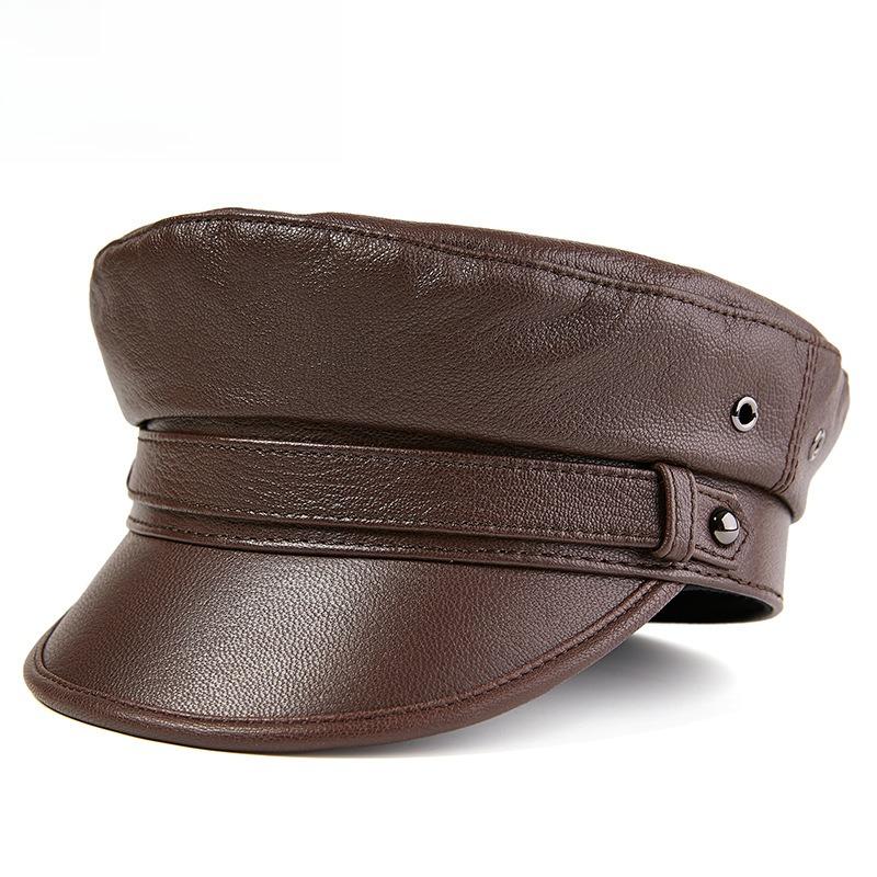 100% Sheepskin Military Hat - XXL Genuine Leather Flat Top Cap for Men/Women, Vintage Rock Style Unisex Headwearoll Captain Hat