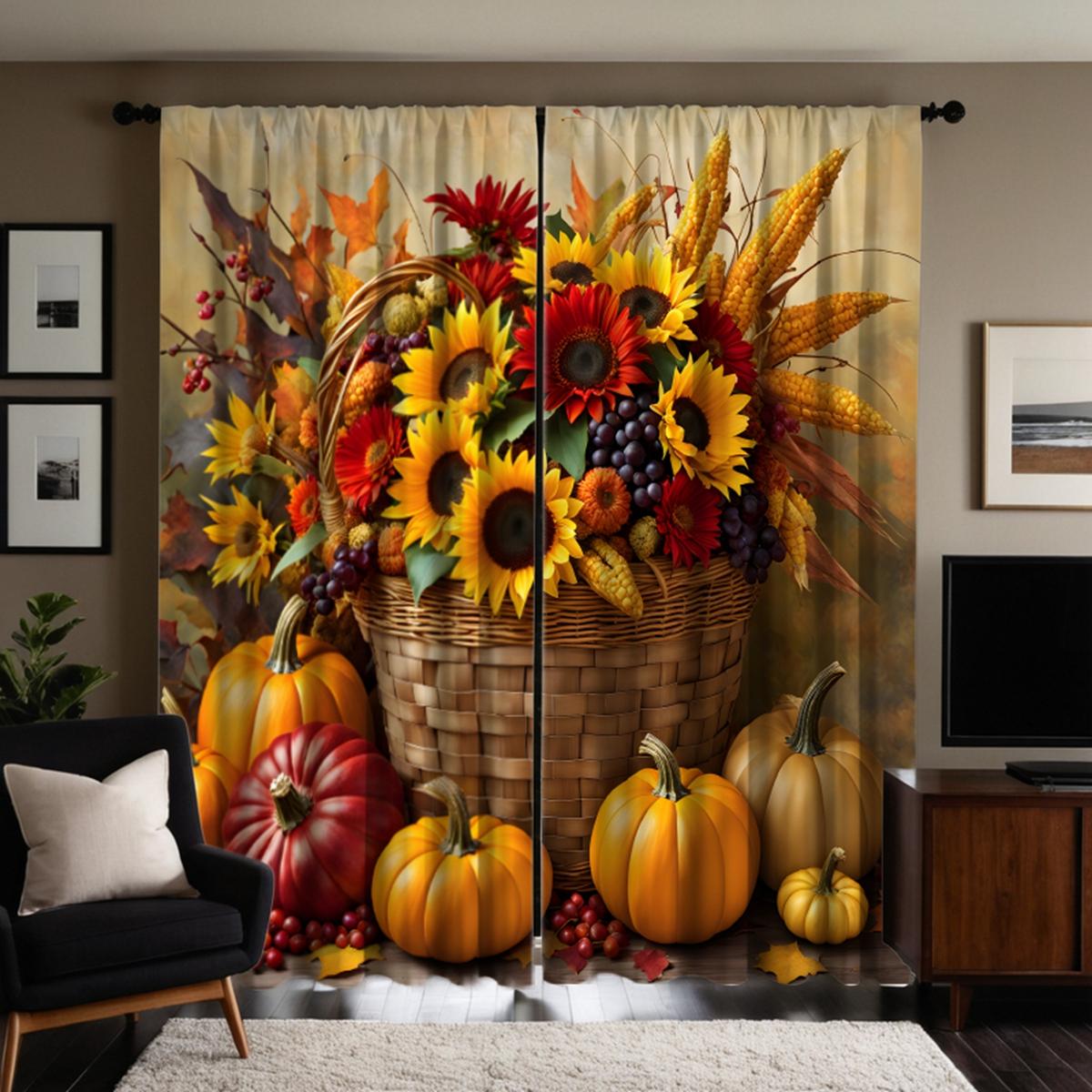 

2 шт. HD праздник урожая овощи фрукты кукуруза корзина занавеска желтый галстук цифровая печать занавеска украшение дома стиль W52H63inchW132H160cm