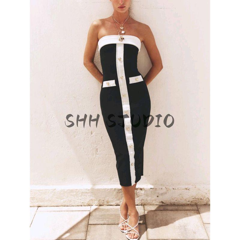 Autumn New Women's Clothing Classic Style Contrast Color Shaping Stretch Tube Top Straight-leg off-Shoulder Dress 5584126