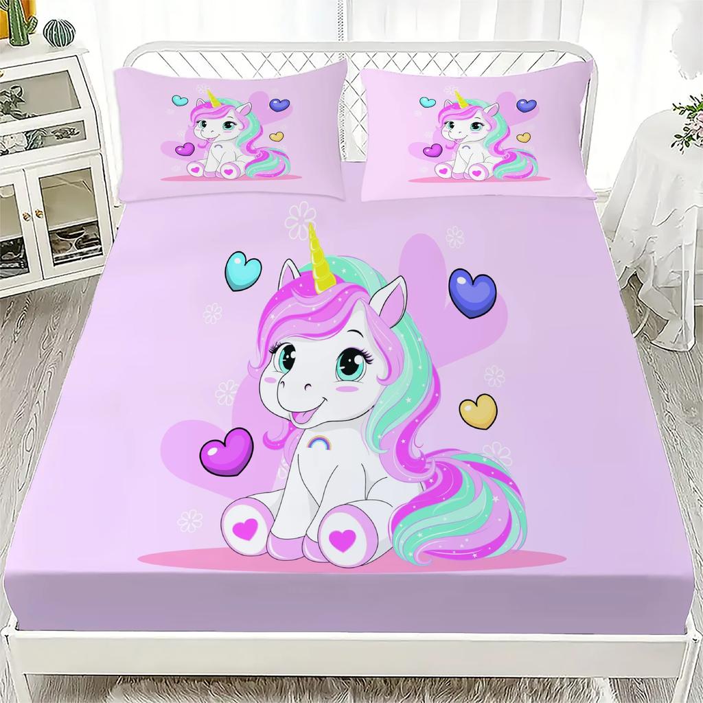 Unicorn Pattern 3D Fitted Sheets Set Cute Kids Bedding with 1/2 Pillowcases Boys Girls Bedroom Decor
