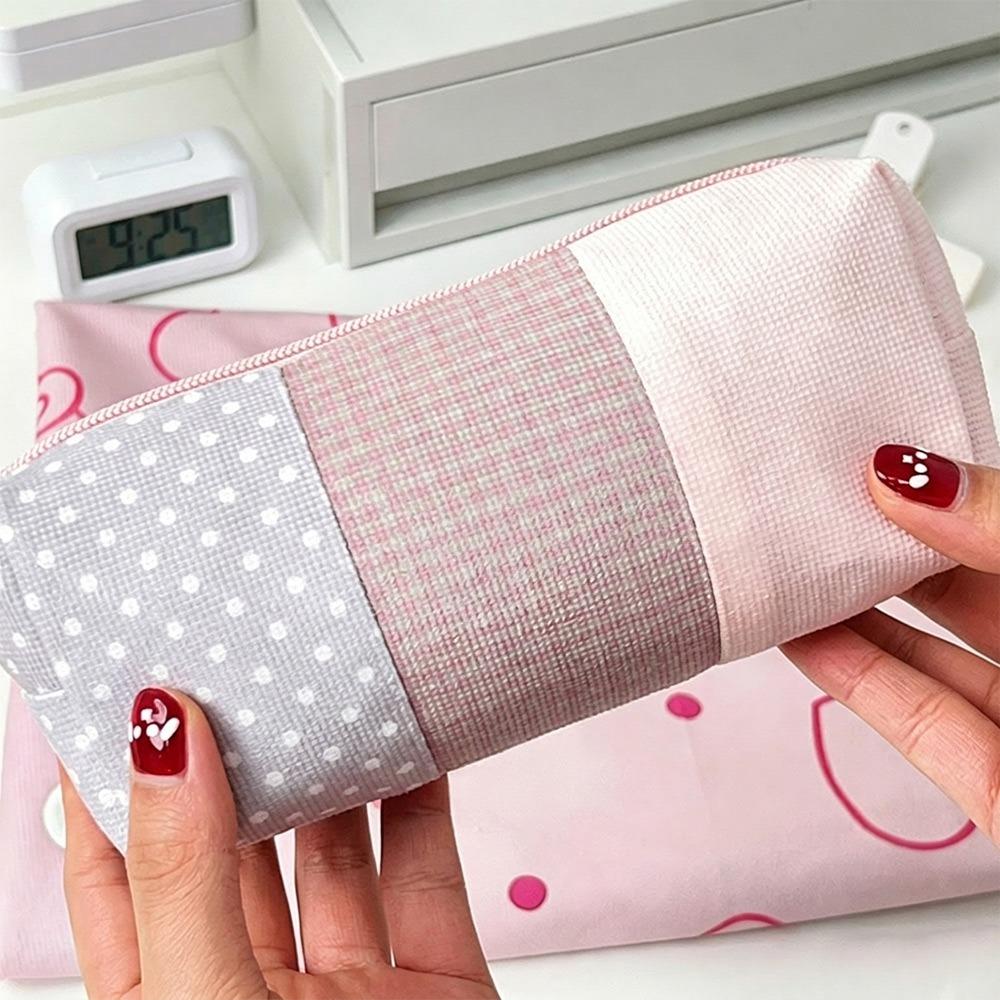 

INS Patchwork Pencil Case Polka Dot & Plaid Large Capacity Pen Bag Stationery Bag Students розовый