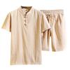 Men‘s Cotton Linen Set Color Short-Sleeved T-Shirt Large Size Casual Set