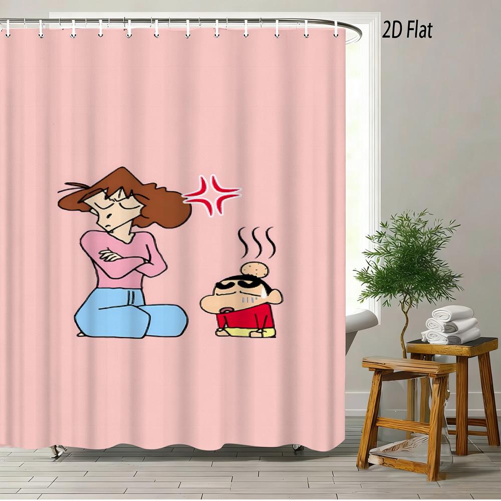 Crayon Shin-Chan Ufo & Shiro 2D Print Waterproof Shower Curtain, Green Anime Bathroom Decor With Hooks