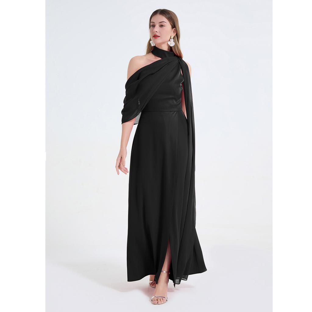 Sexy Off-the-Shoulder Patchwork Halter-Neck High-Waisted Slit Dress Women's Elegant and Flowing Slit Evening Gown Summer Dress