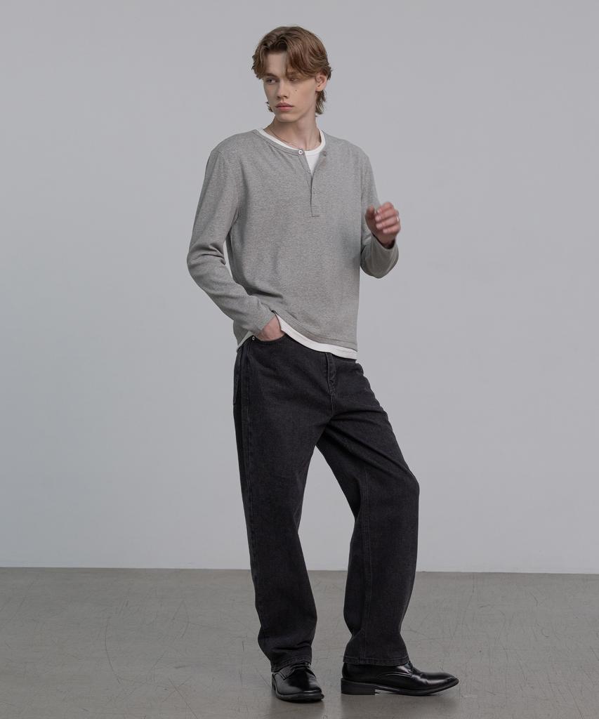 DECOROSO Easy Layered Henley Neck Long Sleeve T-Shirt [Gray]