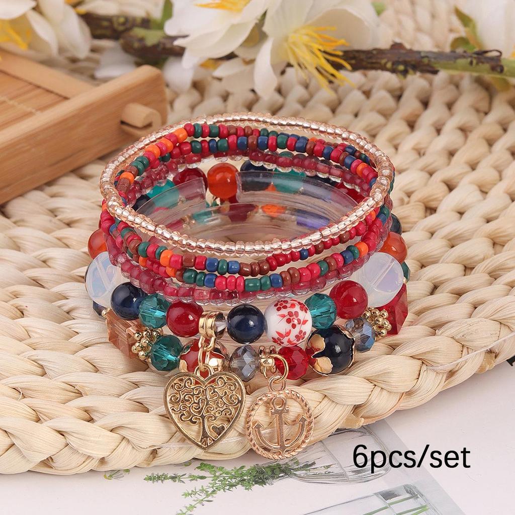 Bohemian Exquisite Beaded Bracelet with Heart, Tree of Life & Anchor Pendants