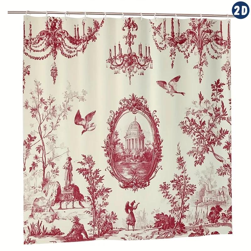 Elegant French Toile De Jouy Shower Curtain, Red Floral Chandeliers & Birds Design, Easy Clean For Bathroom Or Window Decor