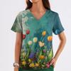 Damen Casual Bedrucktes V-Ausschnitt Taschen Seitennaht Schlitz Kurzarm Top