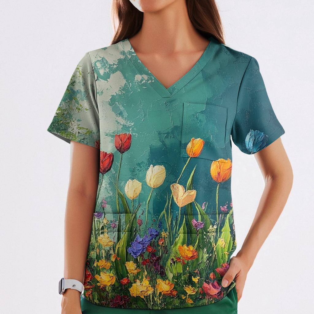 Damen Casual Bedrucktes V-Ausschnitt Taschen Seitennaht Schlitz Kurzarm Top