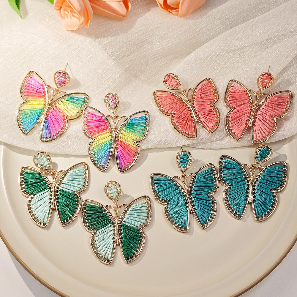 

Bohemian Ethnic Cotton Thread Color Block Butterfly Earrings for Women