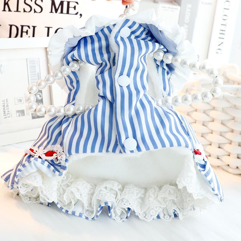 Dog Clothes Autumn and Winter Thick Princess Skirt Striped Fresh Sailor Cotton Coat Small Dog Pet Supplies