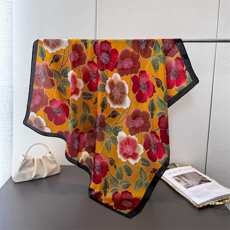 Spring Flowering Simulation Silk High-end Large Square Scarf Silk Scarf Printing Travel Shawl Scarf Sunscreen Headscarf Women's Scarf