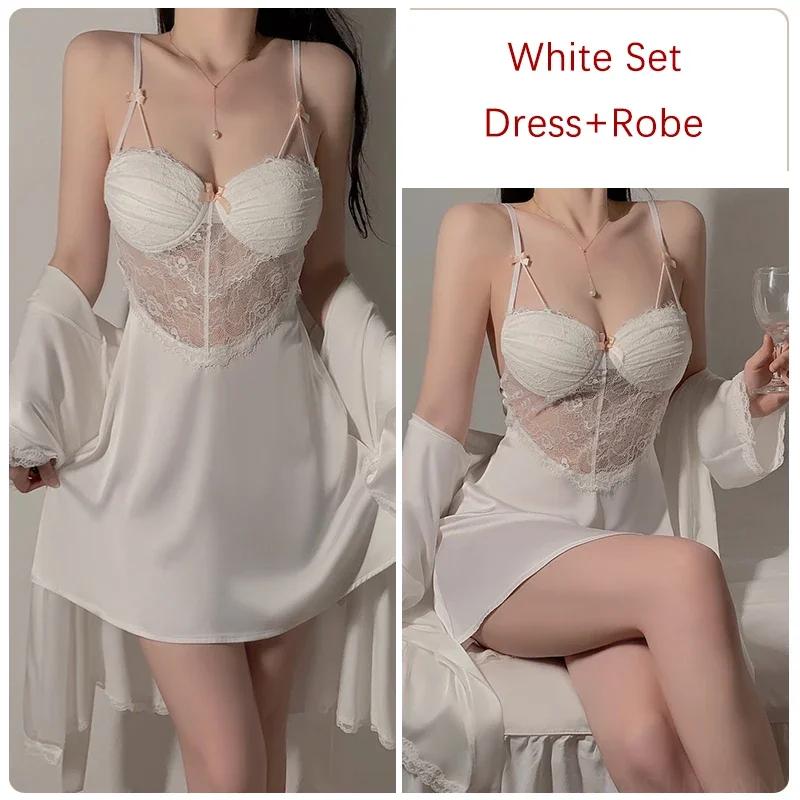 Women's Robe Dress Set Camisole Bra Smooth Lace Plaid Dress Women's Silk Pajamas