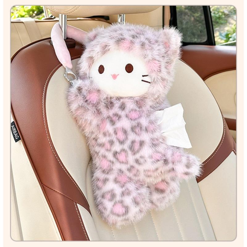 Leopard Print Cat Plush Hanging Car Tissue Box Cute Car Tissue Holder