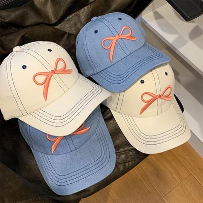 Korean Solid Color Baseball Hat for Women Summer Cotton Bowknot Embroidery Peaked Duck Tongue Cap Girls Casual Outdoor Hat