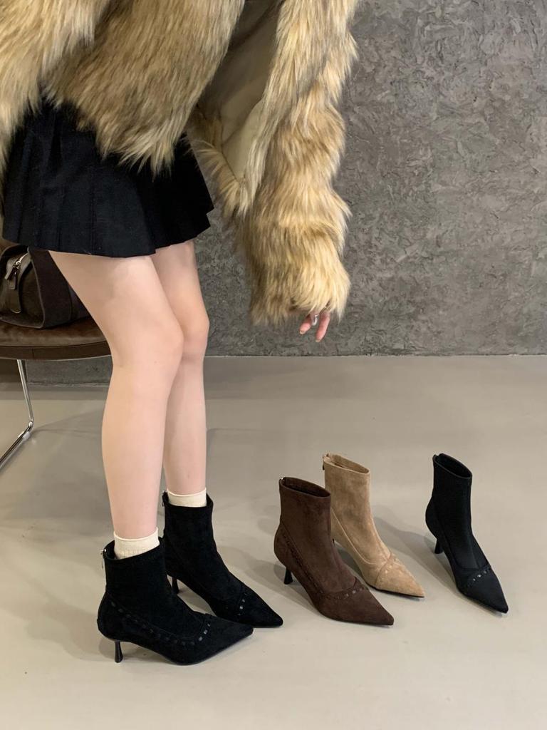 European and American sweet and spicy simple commuter short boots women's 2025 autumn and winter new suede pointed rear zipper high-heeled fashion