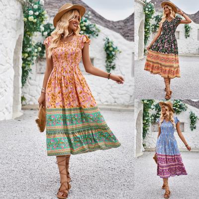 Sommerliches Freizeitkleid Neuer Druck V-Ausschnitt Flatterärmel Böhmischer Stil Kleid