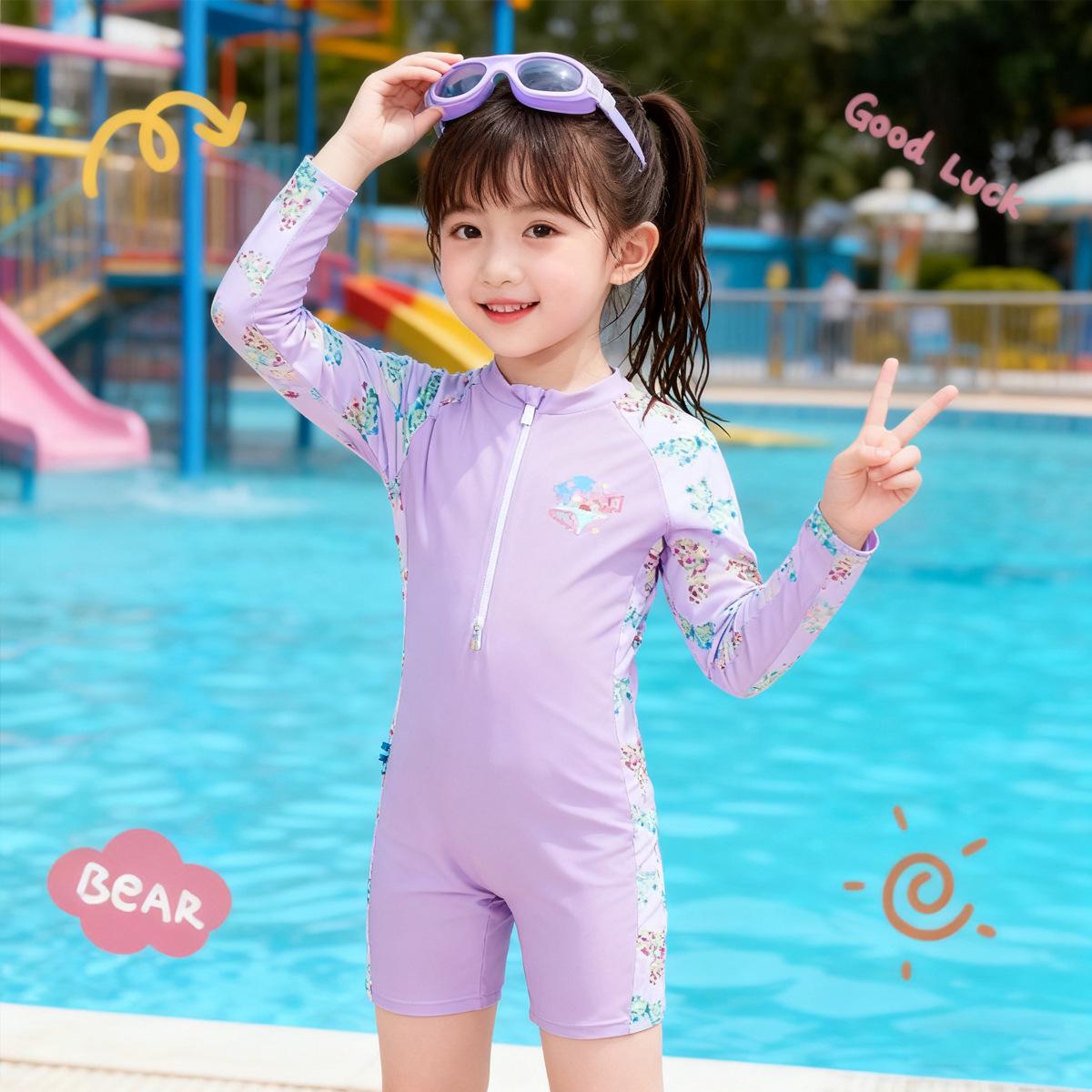 Girls  Long Sleeve One-Piece Swimsuit - Sun Protection for Professional Training XL (height 100-110cm, weight 36-42kg) фиолетовой бабочки