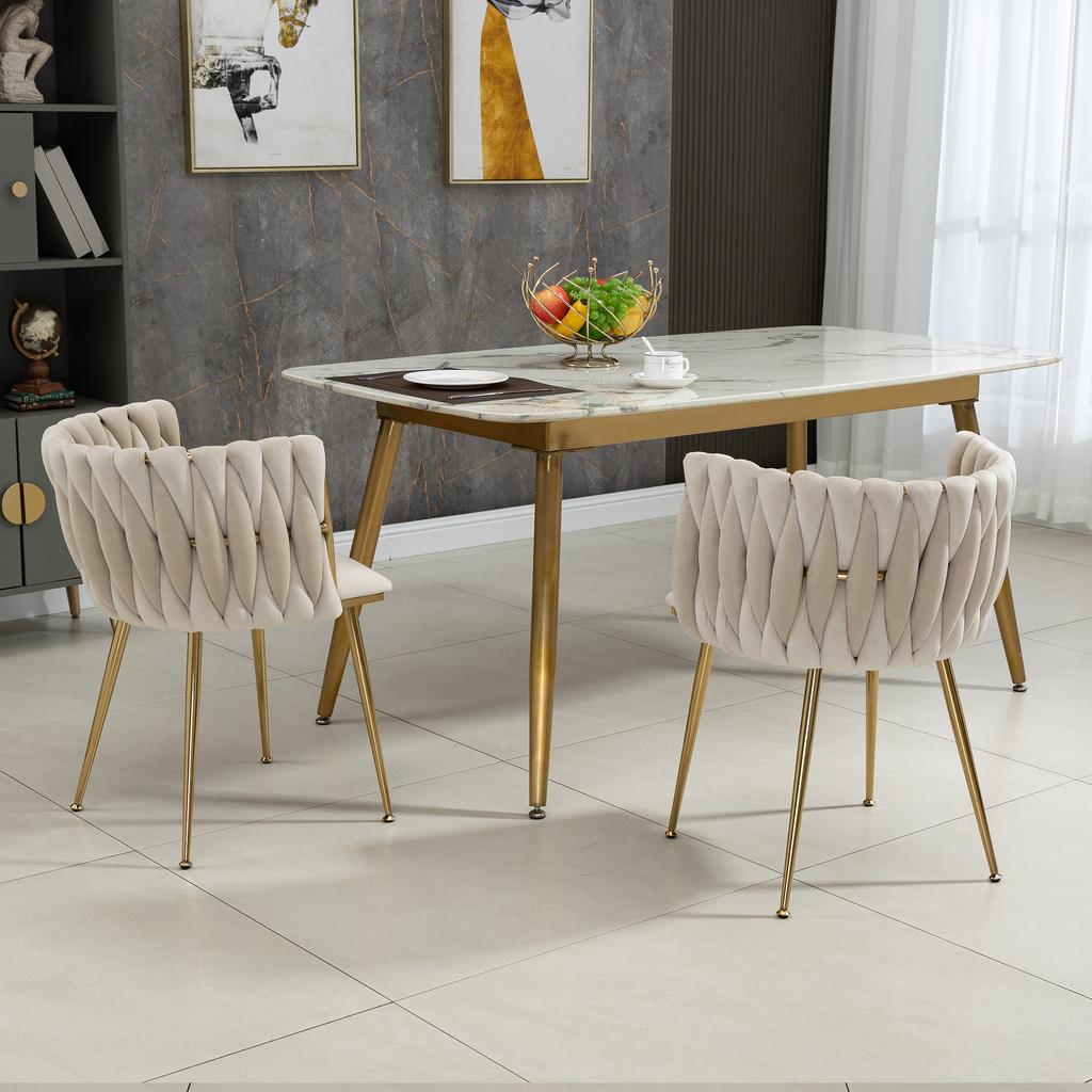 (Old SKU:W1880109477)Modern Luxurious Velvet Dining Chair Set with Golden Metal Legs, Elegant Hand-Woven Design and Soft Cushions
