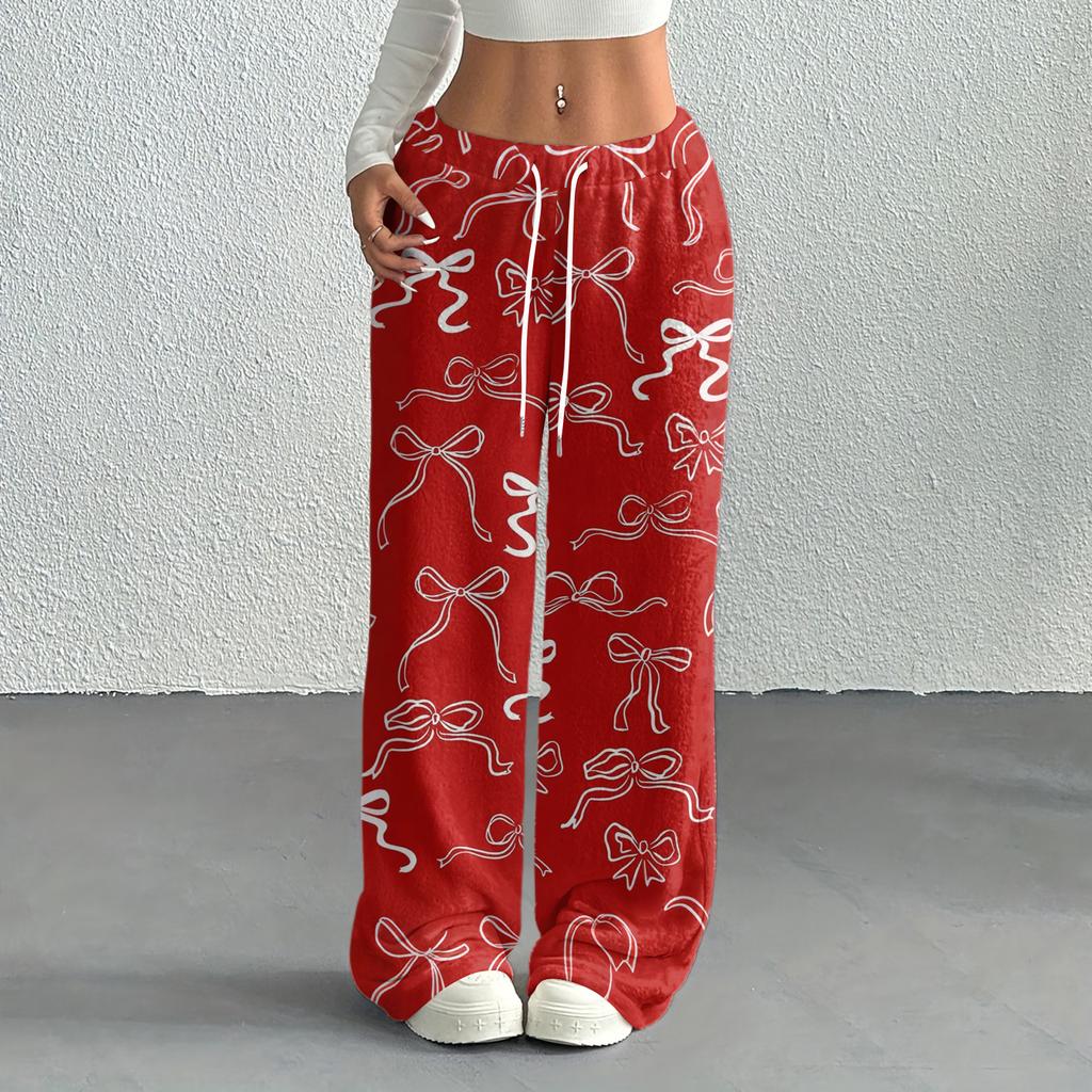 Women's Casual Fashion Printed Elastic Waist Loose Straight Leg Pants With Rope