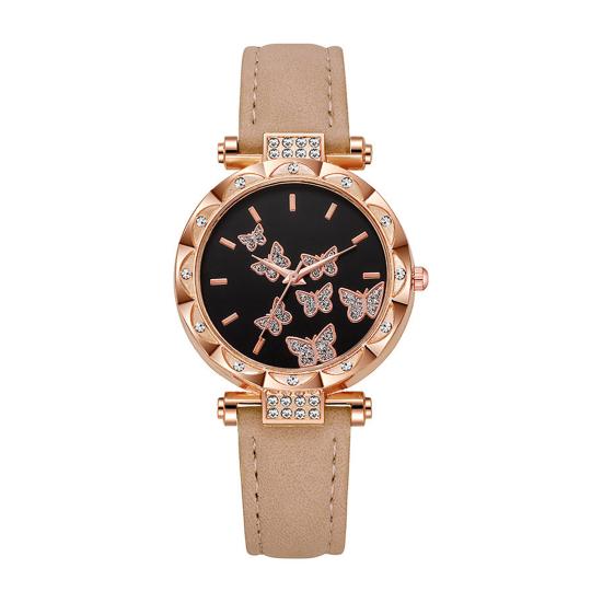 Ladies Butterfly Watch Artificial Leather Strap Quartz Watch Rhinestone Round Dial Fashionable Wristwatch for Women Party Office Date