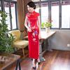 Elegant Red Chinese-Inspired Long Cheongsam Dress Women Vintage Modern Fit Sleeveless Stand Collar With Side Slit Stretch