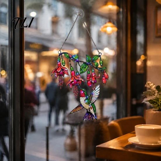 Acrylic Window Art Decor Hummingbird Hanging Pendant, Stained Glass Style Suncatcher for Home Vintage Light Refraction Garden Balcony Decoration,