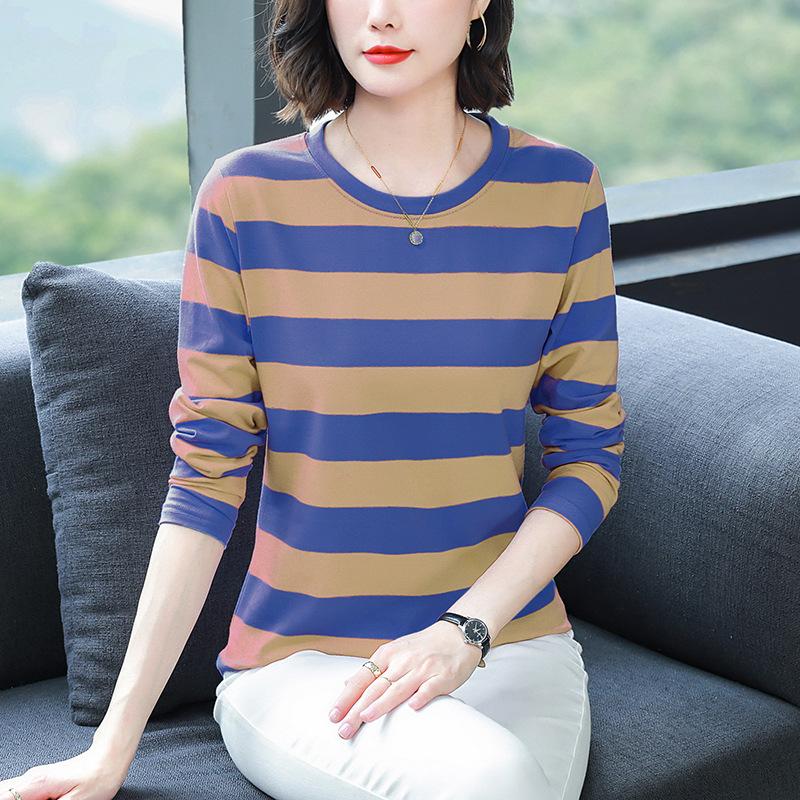 Middle-aged Mom Autumn Clothes Plus Size Loose Cotton Long Sleeve T-shirt Women's Autumn Clothes Wear Undershirts with Striped Tops