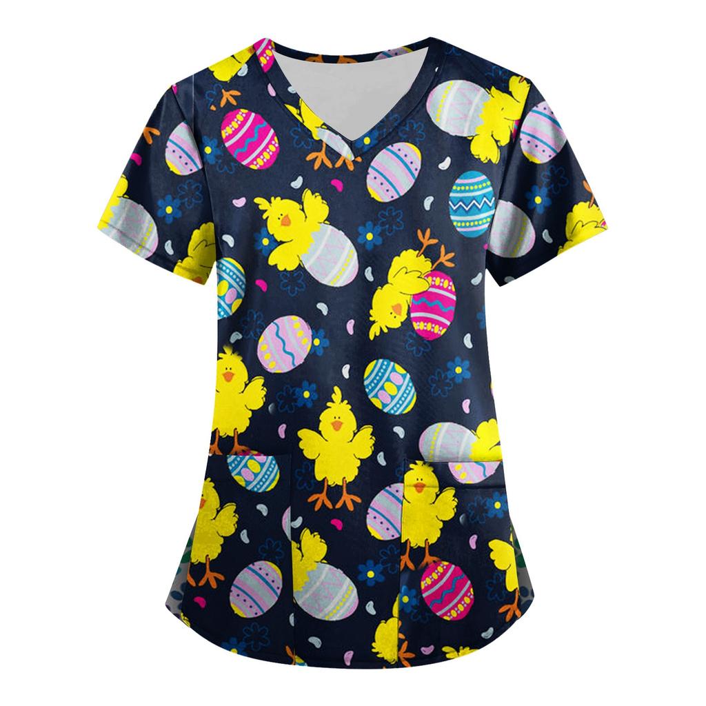 Women's Fashion V-neck Short Sleeve Workwear With Pockets Printed Tops