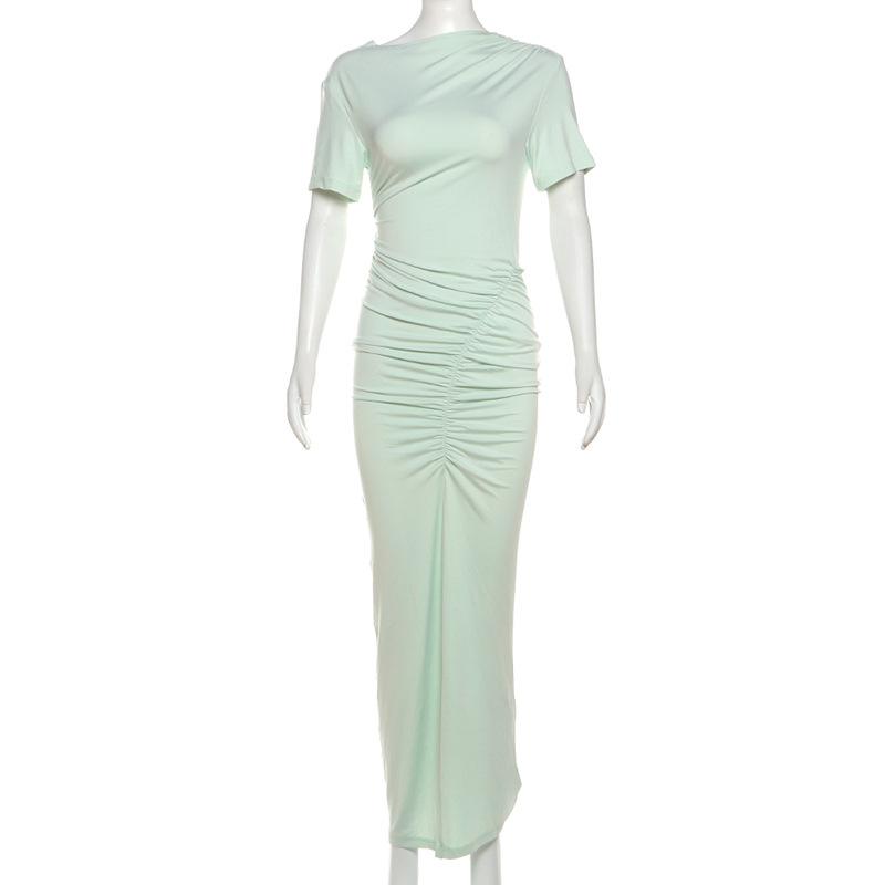 

Зимнее женское элегантное темпераментное платье с диагональным воротником и короткими рукавами, однотонное, облегающее платье с высокой талией S зелёный