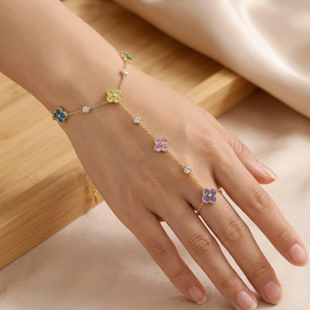 Novirassine Stainless Steel Hand Chain Slave Bracelet Colorful Zirconia Clover Finger Ring Bracelet Boho Aesthetic Party Jewelry