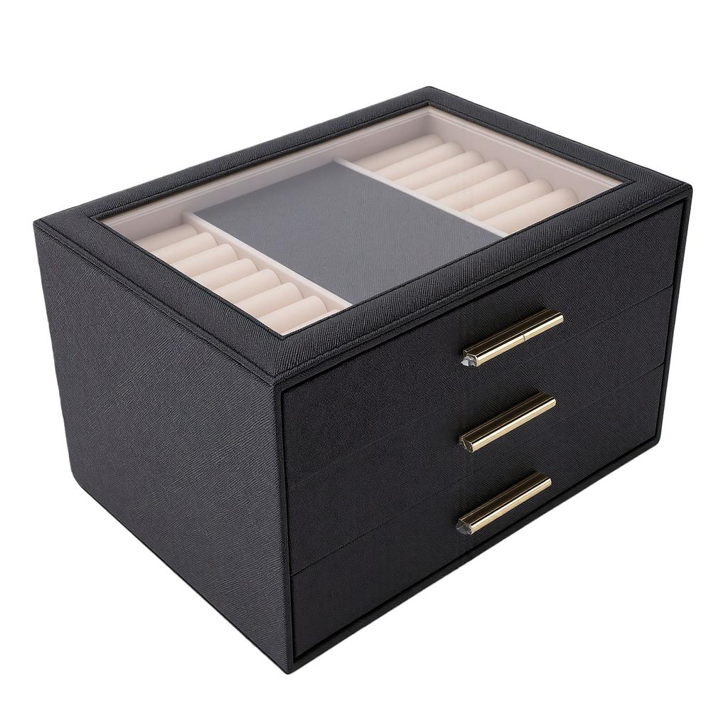 3 Layer Jewelry Box PU Leather Velvet Lining Jewelry Organizer Box with Clear Top Window for Ring Necklace Earring